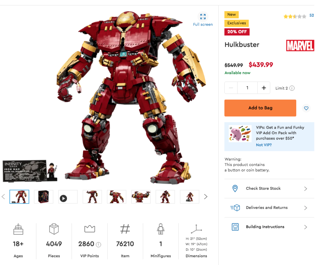 The Hulkbuster 76210 is 20% off on the US LEGO Store (already!)